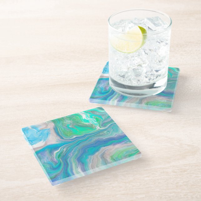 Sea Glass Blue and Green Marble Fluid Art    Coaster (Angled)