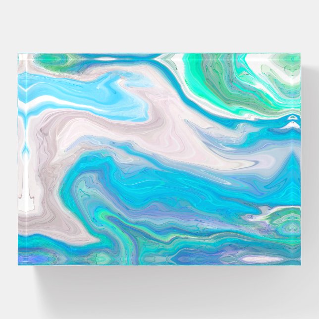 Sea Glass Blue and Green Marble Fluid Art    Paperweight (Front)