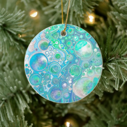 Sea Glass Blue and Green Pour Painting Effect Ceramic Ornament