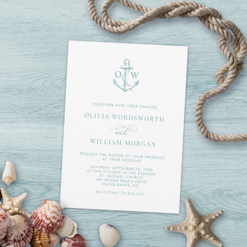 Sea Glass Blue Nautical Anchor Monogram Wedding Invitation
