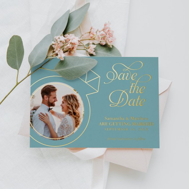Sea Glass Blue Photo Wedding Save The Date Foil Invitation (Creator Uploaded)