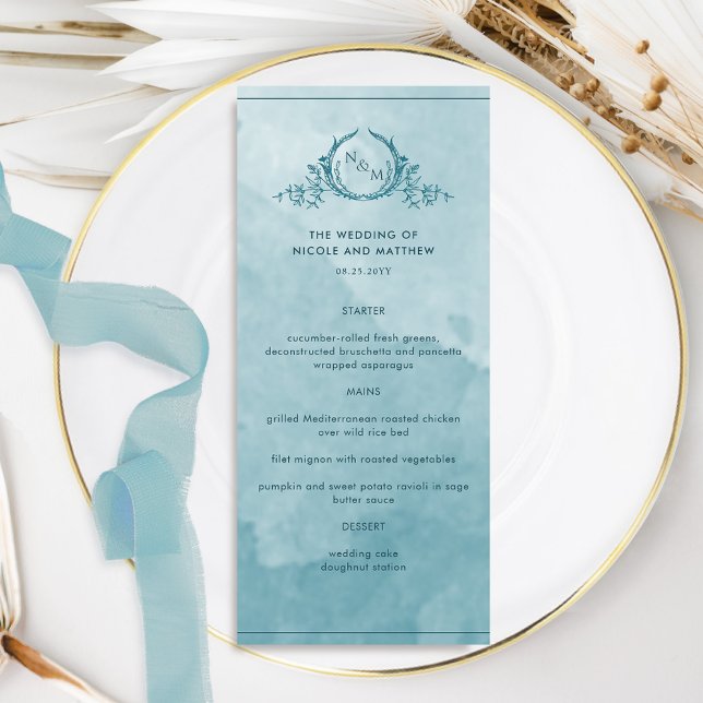 Sea Glass Blue Watercolor Monogrammed Wedding Menu (Creator Uploaded)