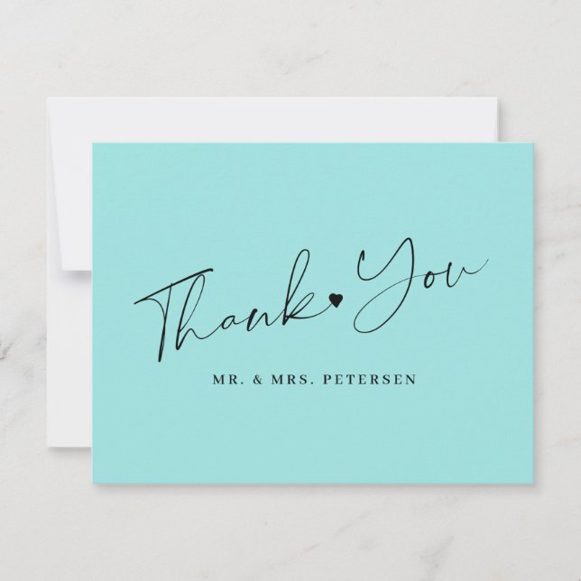 Sea glass blue wedding elegant script thank you card (Front)