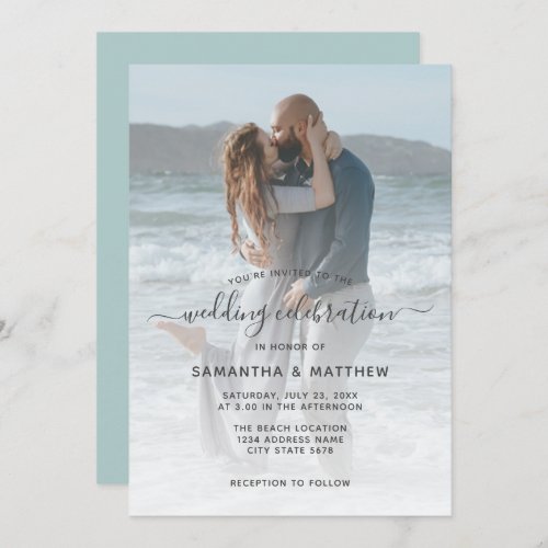 Sea Glass Dusty Blue Couple Photo Beach Wedding Invitation