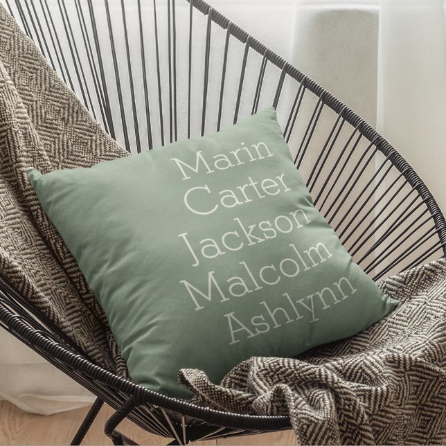 Sea Glass Five Kids Names Personalized Family Throw Pillow (Sea Glass Green Five Kids Names Personalized Family Throw Pillow)