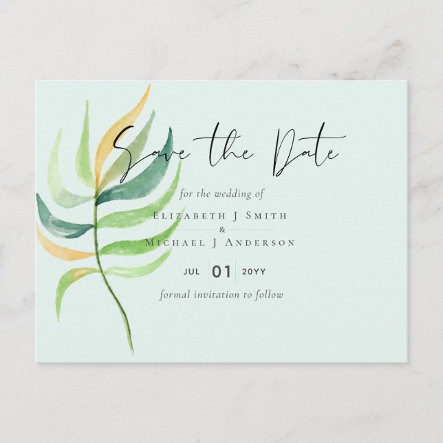 Sea Glass Green Blue Tropical Leaf Wedding Postcard (Front)