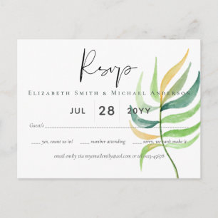 Sea Glass Green Blue Tropical Leaf Wedding Postcard
