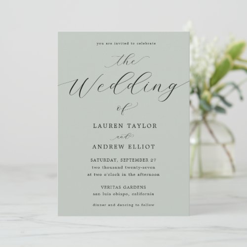 Sea Glass Green Script Elegant Modern Wedding Invitation