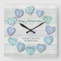 Sea Glass Hearts Beach Anniversary Driftwood Ocean Square Wall Clock