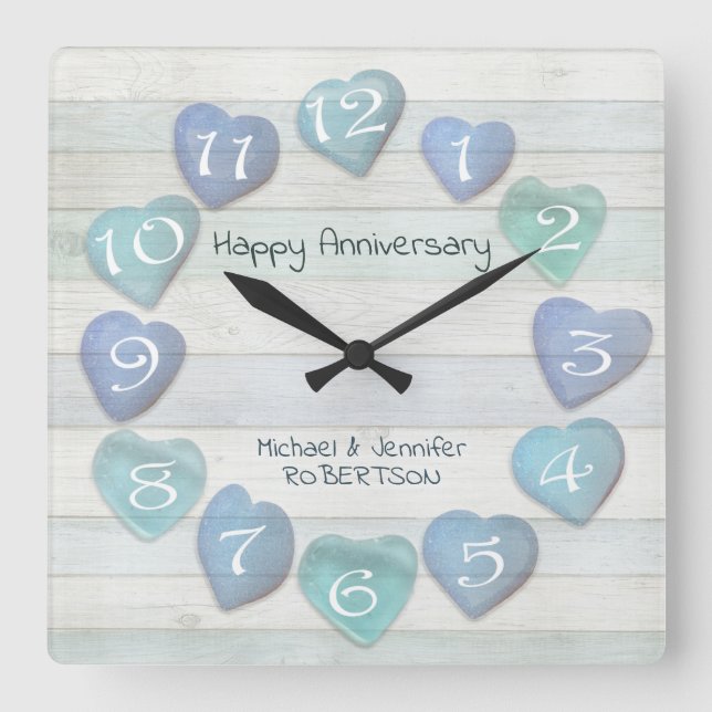 Sea Glass Hearts Beach Anniversary Driftwood Ocean Square Wall Clock (Front)