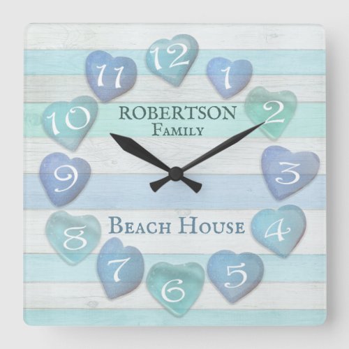 Sea Glass Hearts Beach Driftwood Ocean Square Wall Clock