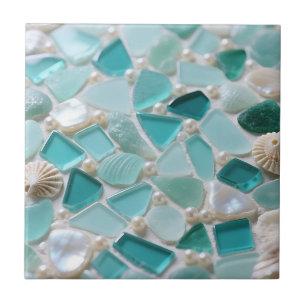 Sea Glass Mosaic Turquoise Coastal Charm Ceramic Tile