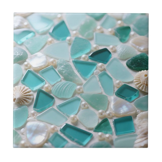 Sea Glass Mosaic Turquoise Coastal Charm Ceramic Tile (Front)