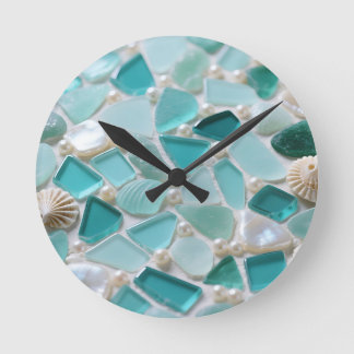Sea Glass Mosaic Turquoise Coastal Charm Round Clock