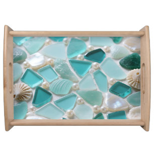 Sea Glass Mosaic Turquoise Coastal Charm Serving Tray