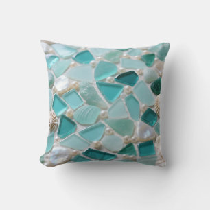 Sea Glass Mosaic Turquoise Coastal Charm Throw Pillow