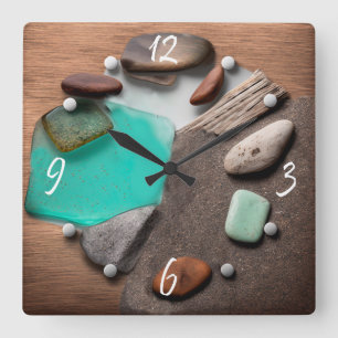 Sea Glass Ocean Stones Driftwood  Square Wall Cloc Clock