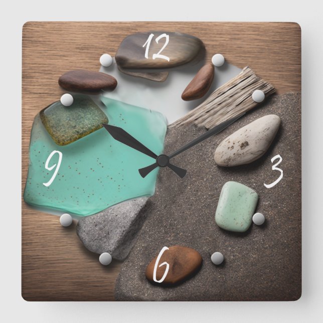 Sea Glass Ocean Stones Driftwood  Square Wall Cloc Clock (Front)