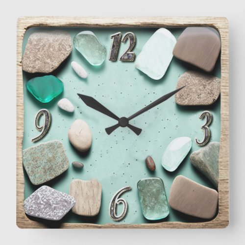 Sea Glass Ocean Stones Driftwood  Square Wall Clock