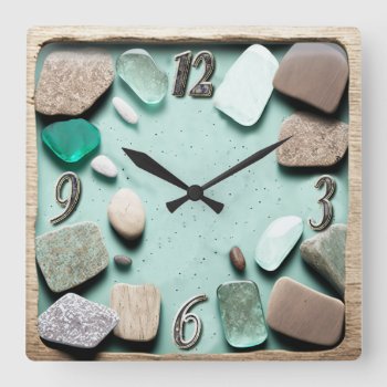Sea Glass Ocean Stones Driftwood  Square Wall Clock by thetreeoflife at Zazzle