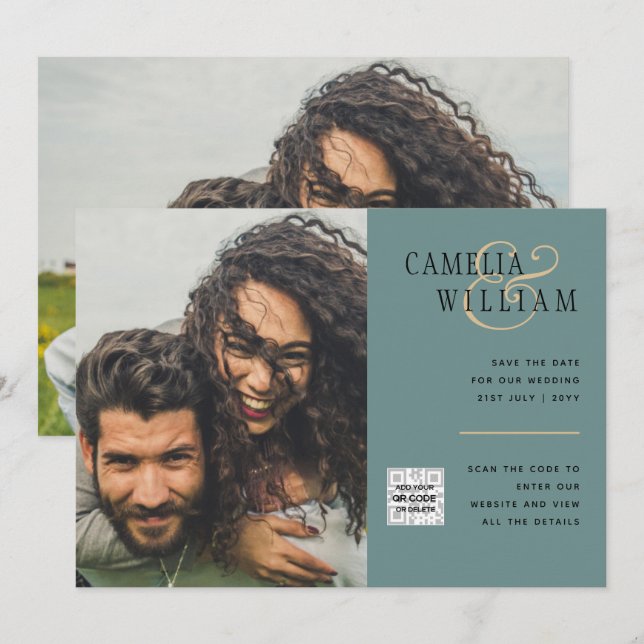 Sea Glass Photo Wedding Invite QR Code Save Date (Front/Back)