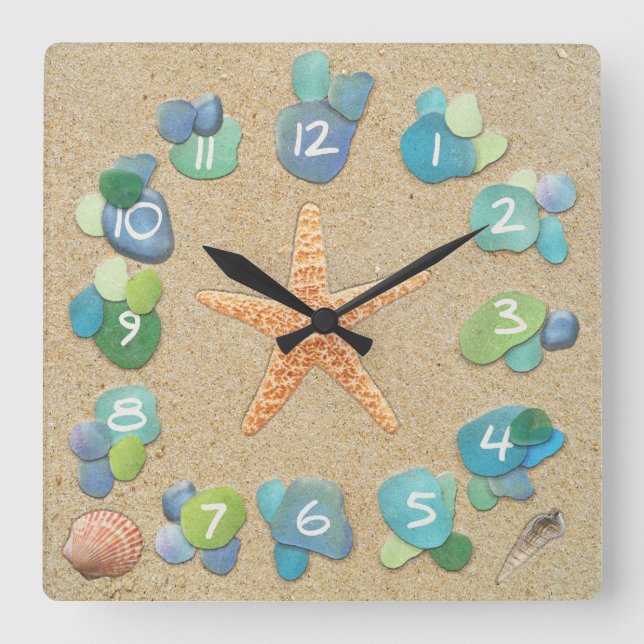 Sea Glass Sand Starfish Shells Square Wall Clock (Front)