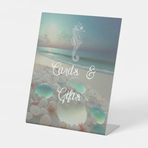 Sea Glass Seahorse Beach Wedding Cards and Gifts Pedestal Sign