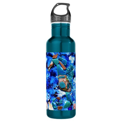 Sea Glass Seahorse Collage Mixed Media Stainless Steel Water Bottle