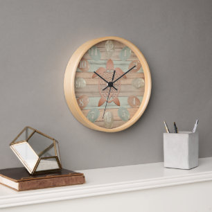 Sea Glass, Turtle on Rustic Nautical Beach Wood Clock