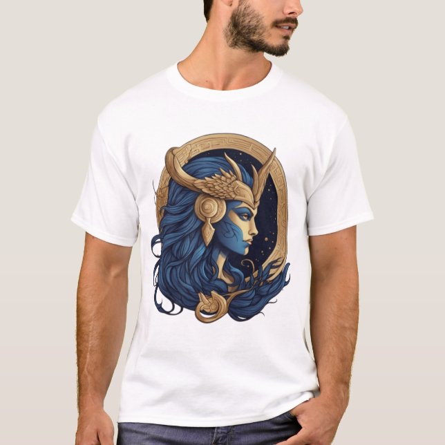 Sea Goddess – Blue and Gold Elegant Design T-Shirt (Front)