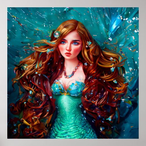 Sea Goddess Nymph Siren Mermaid Under Water Art Poster