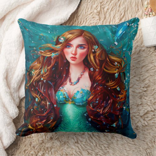Sea Goddess Nymph Siren Mermaid Under Water Art Throw Pillow