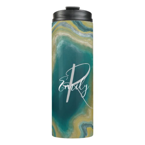 Sea Green Agate Marble Abstract Name Monogram Thermal Tumbler