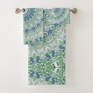 Sea Green and Blue Coastal Mandala Pattern Bath Towel Set