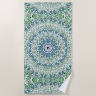 Sea Green and Blue Coastal Mandala Pattern Beach Towel