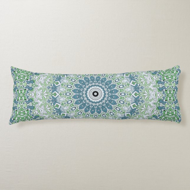 Sea Green and Blue Coastal Mandala Pattern Body Pillow (Front)