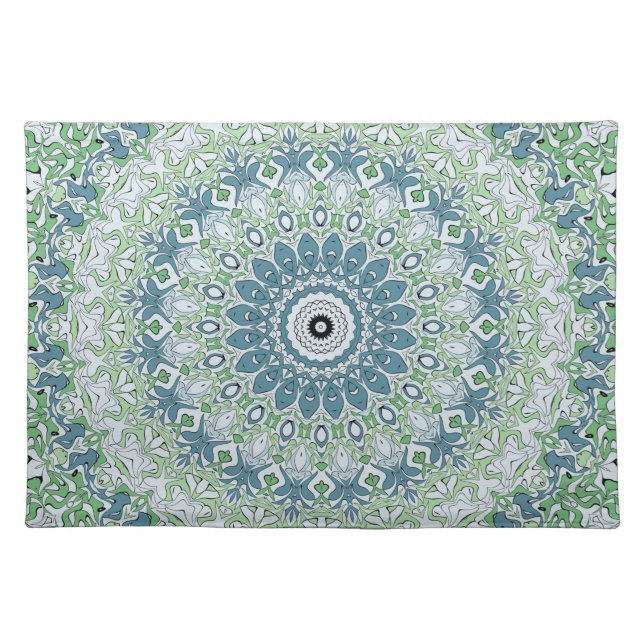 Sea Green and Blue Coastal Mandala Pattern Cloth Placemat (Front)