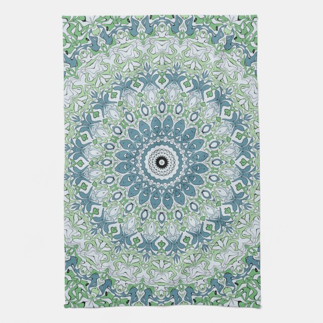 Sea Green and Blue Coastal Mandala Pattern Kitchen Towel (Vertical)