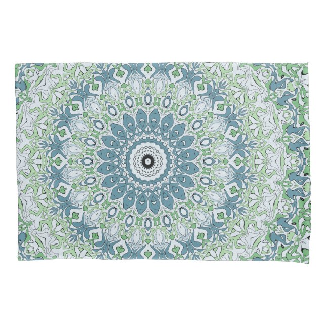 Sea Green and Blue Coastal Mandala Pattern Pillow Case (Front-Left)