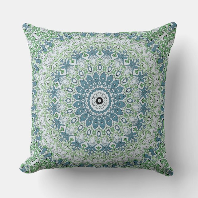Sea Green and Blue Coastal Mandala Pattern Throw Pillow (Front)