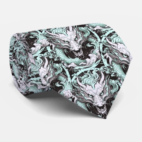 Sea Green and Grey Medieval Chinese Dragon Neck Tie
