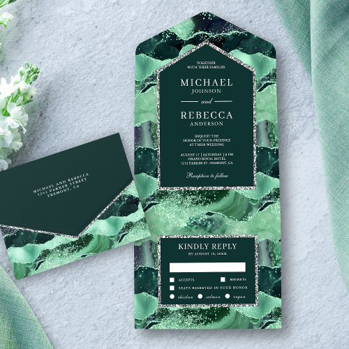 Sea Green and Silver Glitter Agate Marble Wedding All In One Invitation