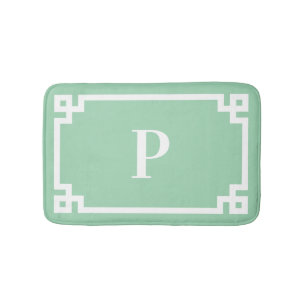 Sea Green and White Greek Key Frame Monogram Small Bath Mat