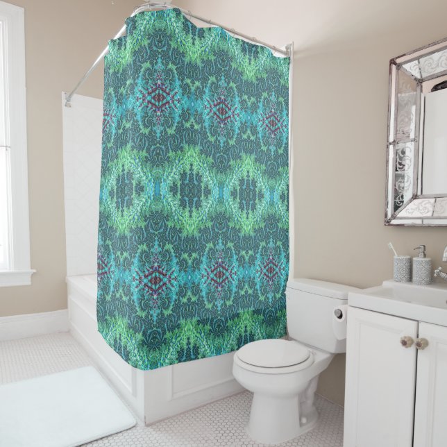 Sea Green Aqua Blue Fancy Fractal Pattern Shower Curtain (In Situ)