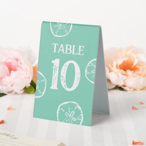 Sea green beach wedding table number tent signs