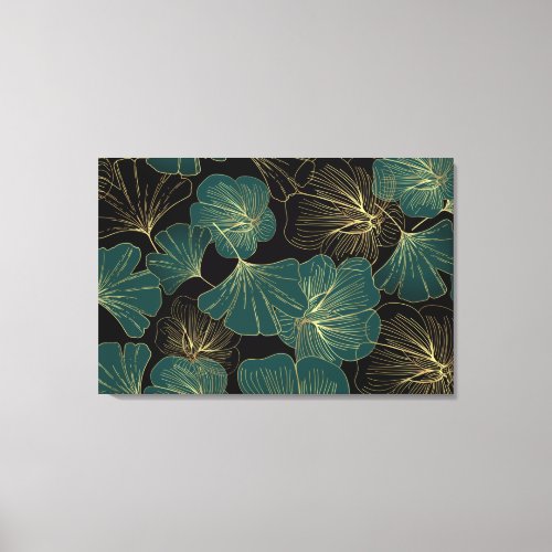 Sea Green  Black Hydrangea Pattern Background Canvas Print