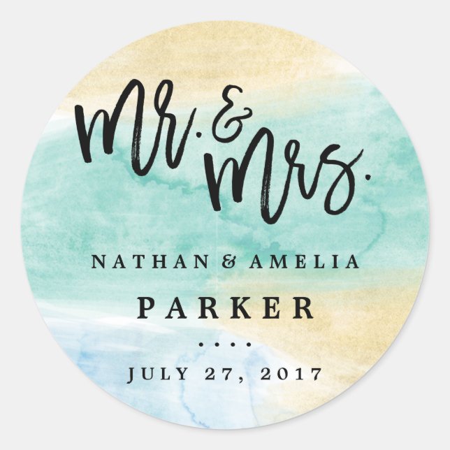 Sea Green Blue Gold Watercolor Wedding Sticker (Front)