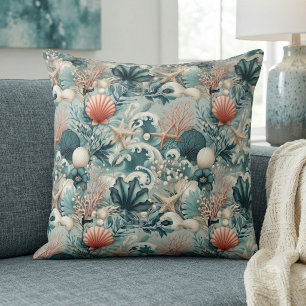 Sea Green Coastal Decor Tropical Corals Seashells Throw Pillow