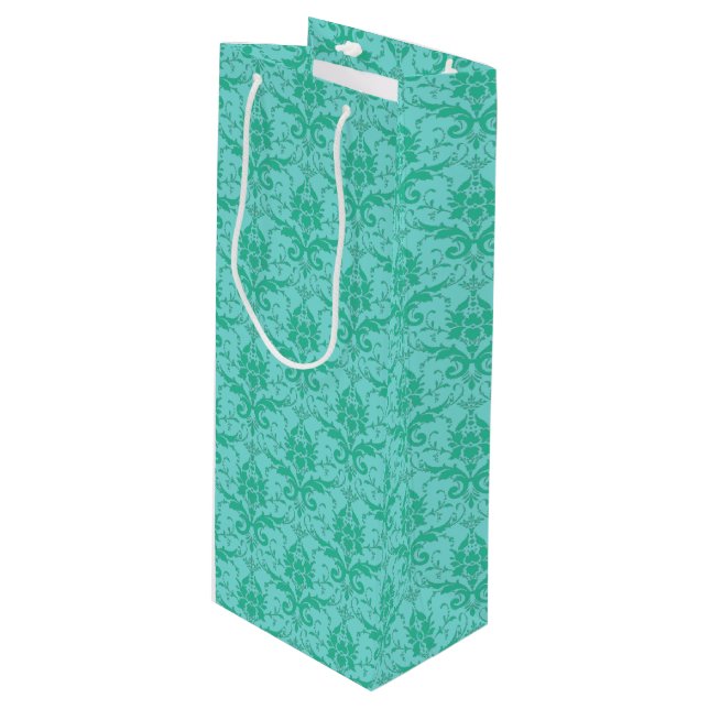 Sea Green Damask Print Wine Gift Bag (Front Angled)
