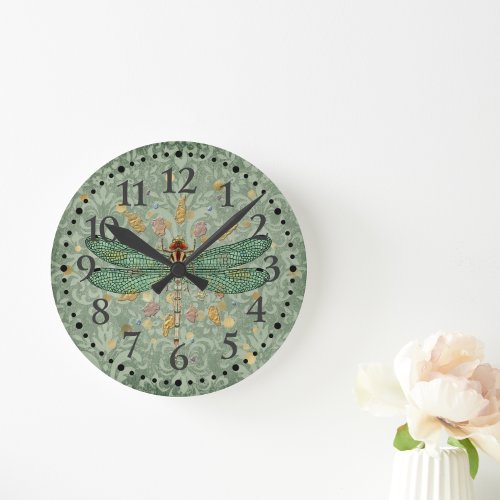 Sea Green Dragonfly Round Clock